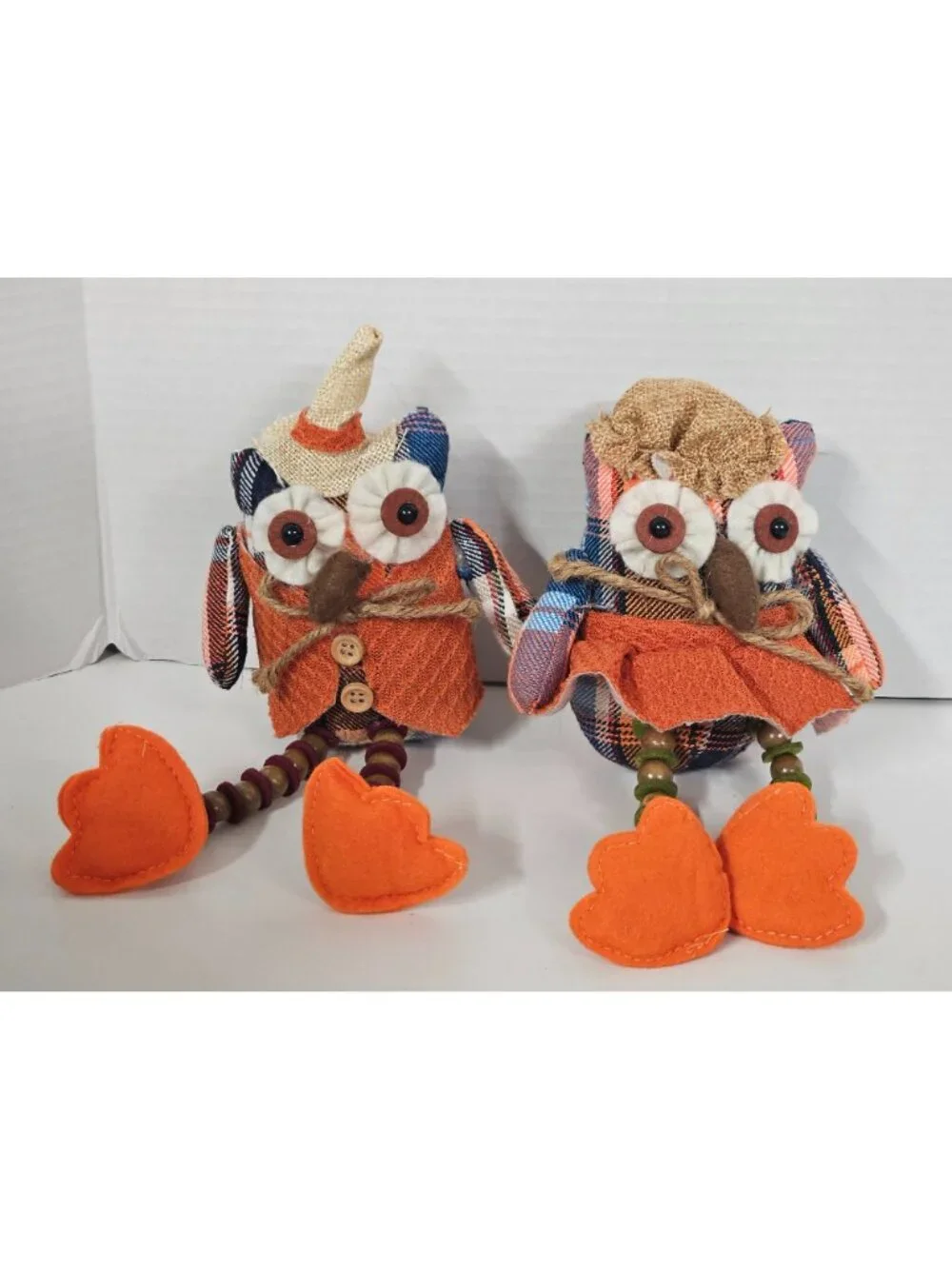 Fall Plaid Owl Shelf Sitters Set of 2 Harvest Autumn Decor with Beaded Legs